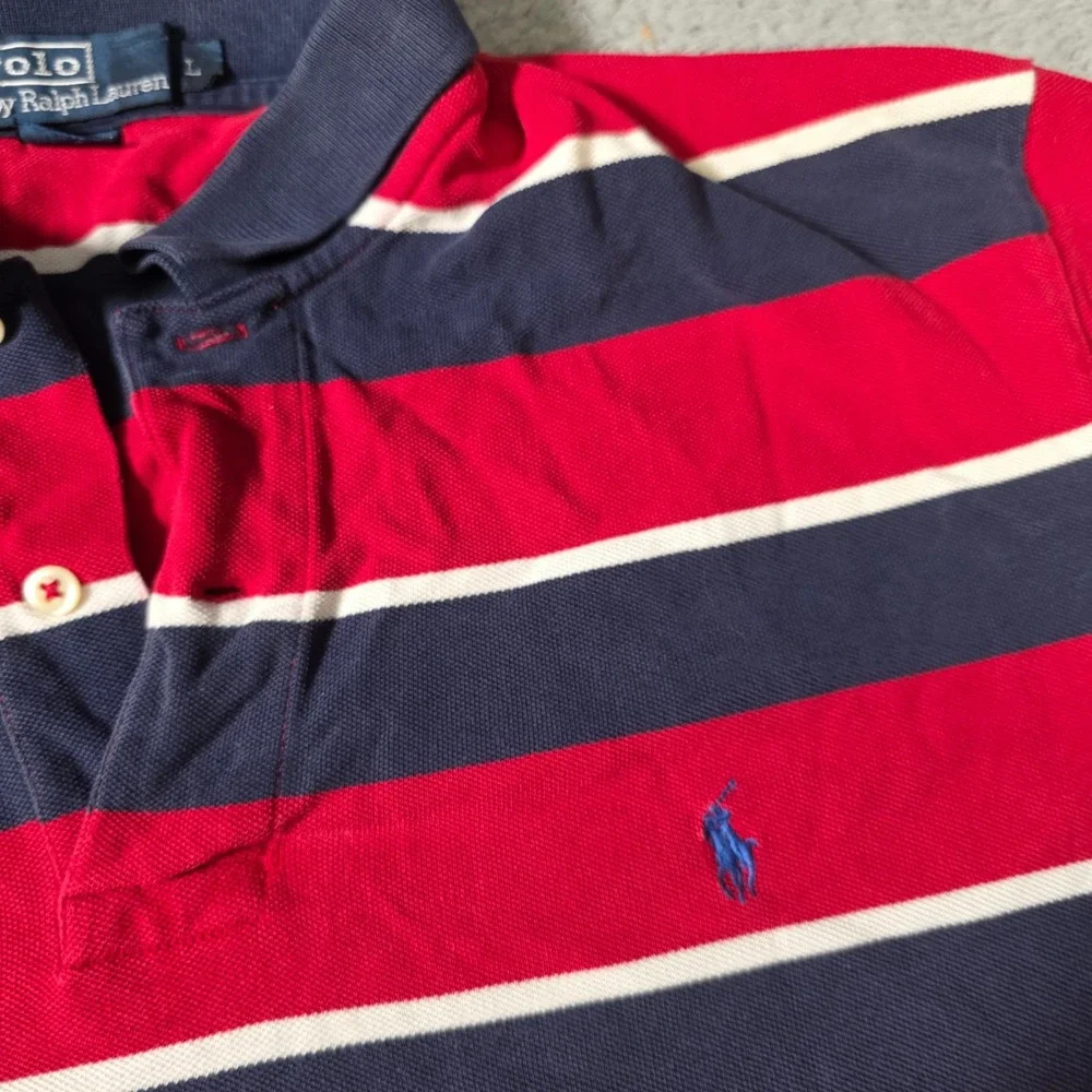 Polo Ralph Lauren Mens Large Polo Shirt Red Navy Blue Striped Short Sleeve Pony